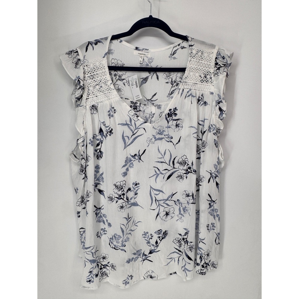 Maurices Blouse Women 2X White NWT Floral Crochet Lace Ruffle Cap Sleeve Boho